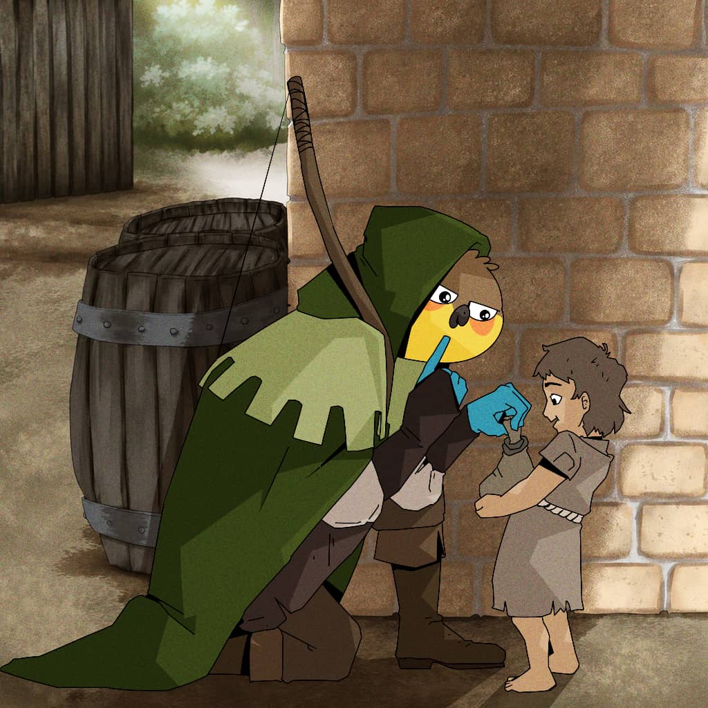 A hooded HoodRoost bandit handing a pouch back to a child in the alley